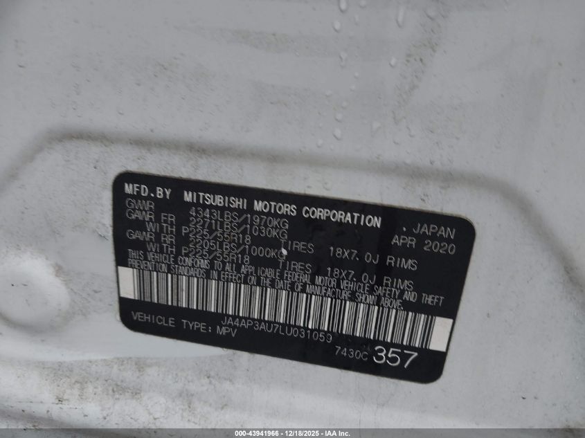 2020 Mitsubishi Outlander Sport 2.0 Be/2.0 Es/2.0 Sp VIN: JA4AP3AU7LU031059 Lot: 43941966