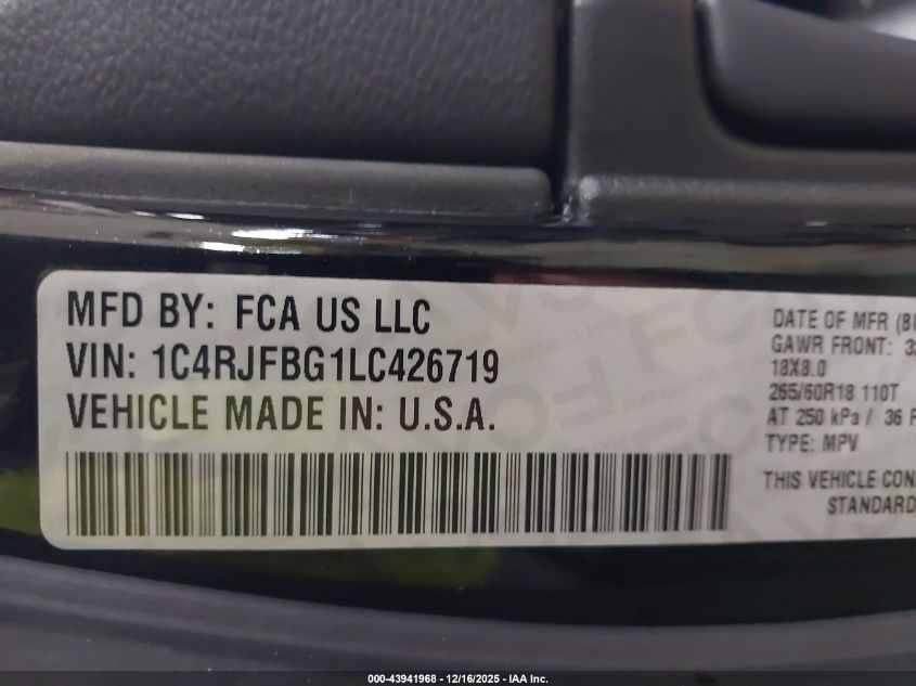 2020 Jeep Grand Cherokee Limited 4X4 VIN: 1C4RJFBG1LC426719 Lot: 43941968