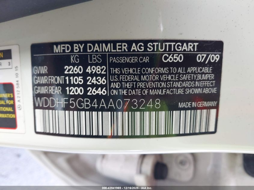 2010 Mercedes-Benz E 350 VIN: WDDHF5GB4AA073248 Lot: 43941969