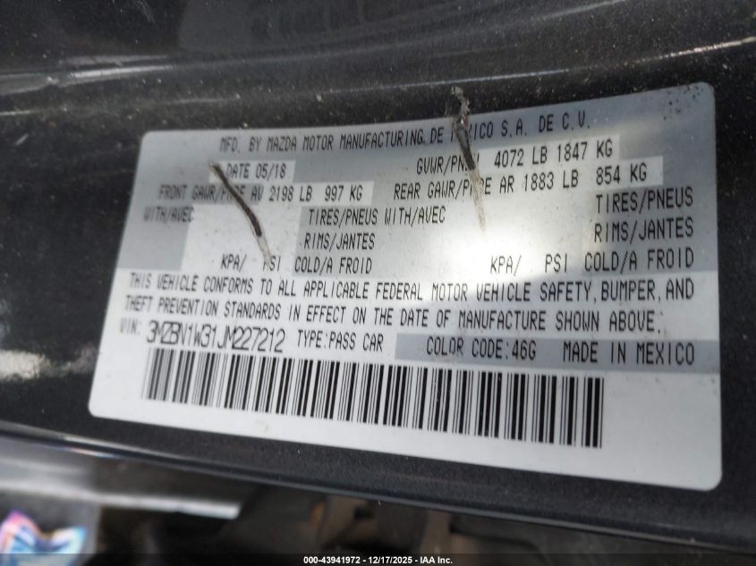 2018 Mazda Mazda3 Grand Touring VIN: 3MZBN1W31JM227212 Lot: 43941972
