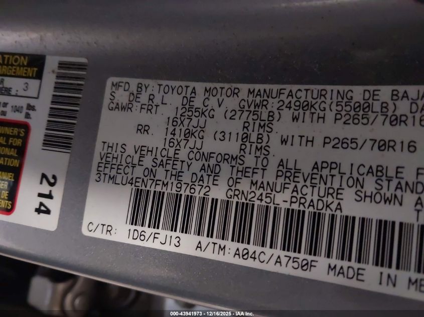 2015 Toyota Tacoma Base V6 VIN: 3TMLU4EN7FM197672 Lot: 43941973