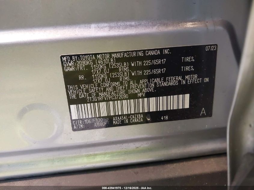 2023 Toyota Rav4 Le VIN: 2T3G1RFV7PC372090 Lot: 43941975