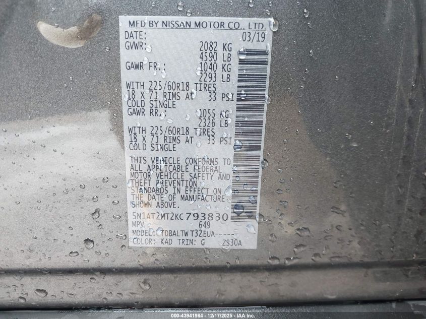 2019 Nissan Rogue Sv VIN: 5N1AT2MT2KC793830 Lot: 43941984