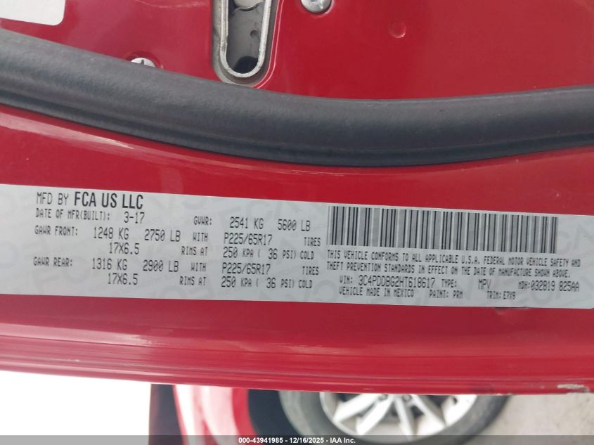 2017 Dodge Journey Sxt Awd VIN: 3C4PDDBG2HT618617 Lot: 43941985