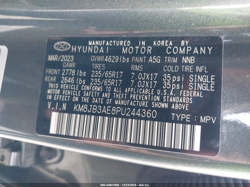 VIN KM8JB3AE8PU244360 2023 HYUNDAI TUCSON SEL