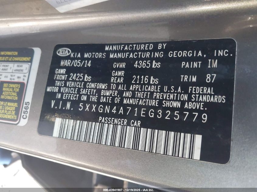 2014 Kia Optima Ex VIN: 5XXGN4A71EG325779 Lot: 43941987