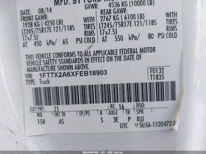 2015 Ford F-250 Xl VIN: 1FT7X2A6XFEB18903 Lot: 43941992