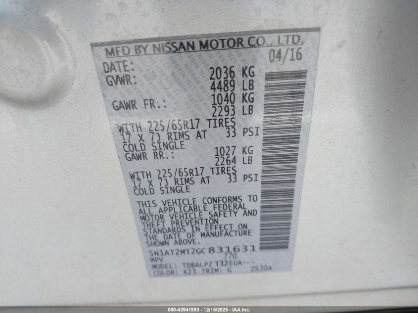 2016 Nissan Rogue S VIN: 5N1AT2MT2GC831631 Lot: 43941993