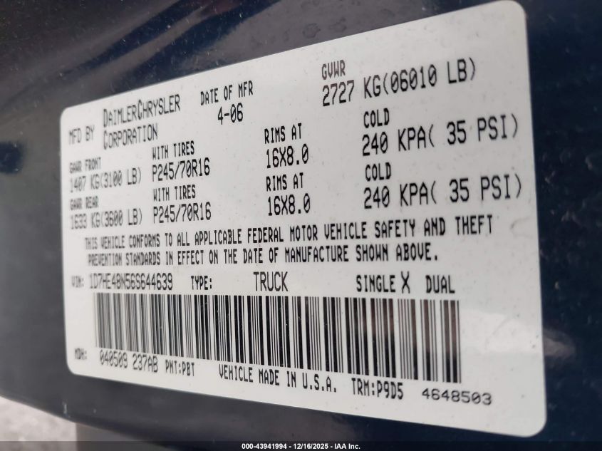 2006 Dodge Dakota Slt VIN: 1D7HE48N56S644639 Lot: 43941994