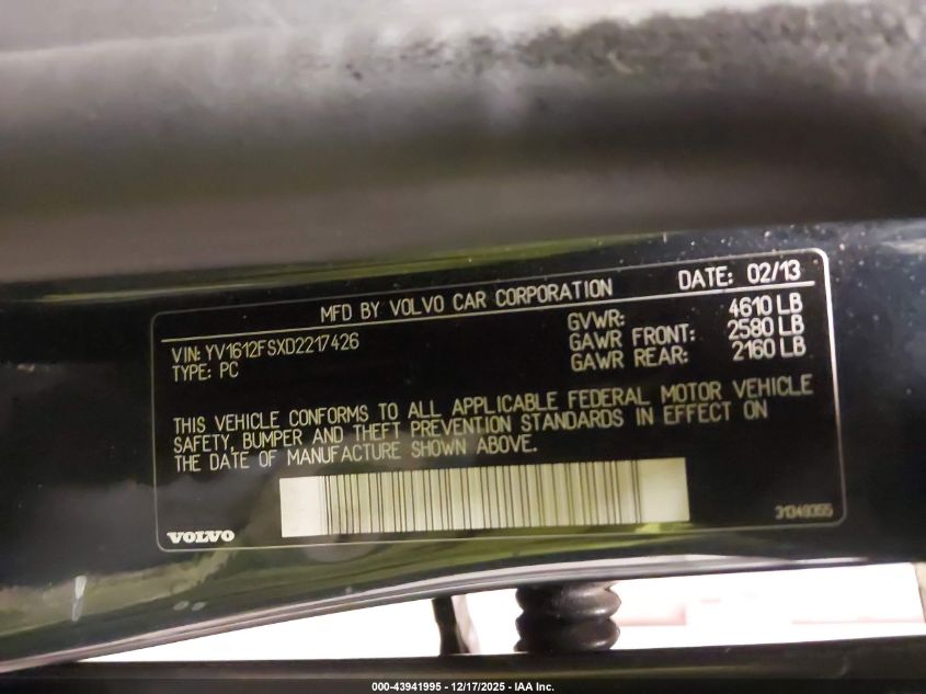 2013 Volvo S60 T5 VIN: YV1612FSXD2217426 Lot: 43941995