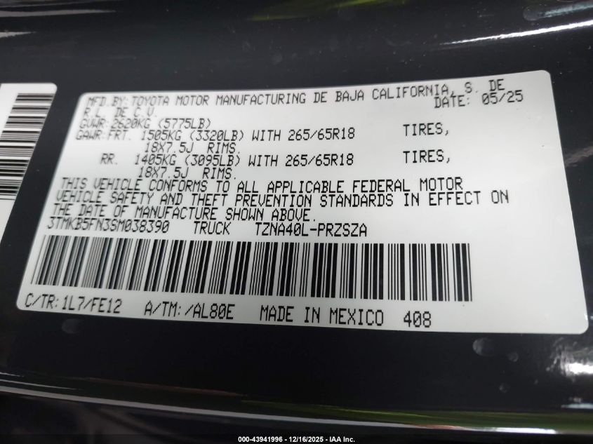 2025 Toyota Tacoma Trd Sport VIN: 3TMKB5FN3SM038390 Lot: 43941996