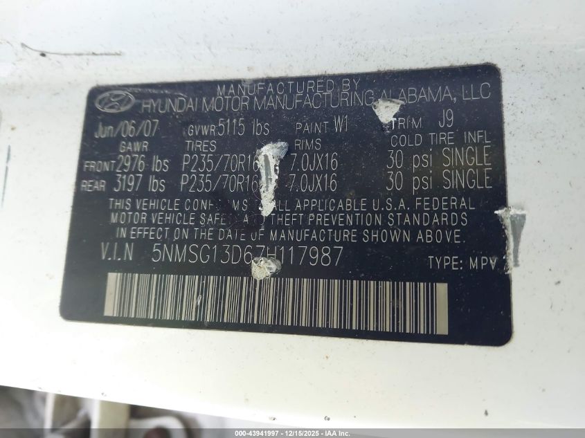2007 Hyundai Santa Fe Gls VIN: 5NMSG13D67H117987 Lot: 43941997