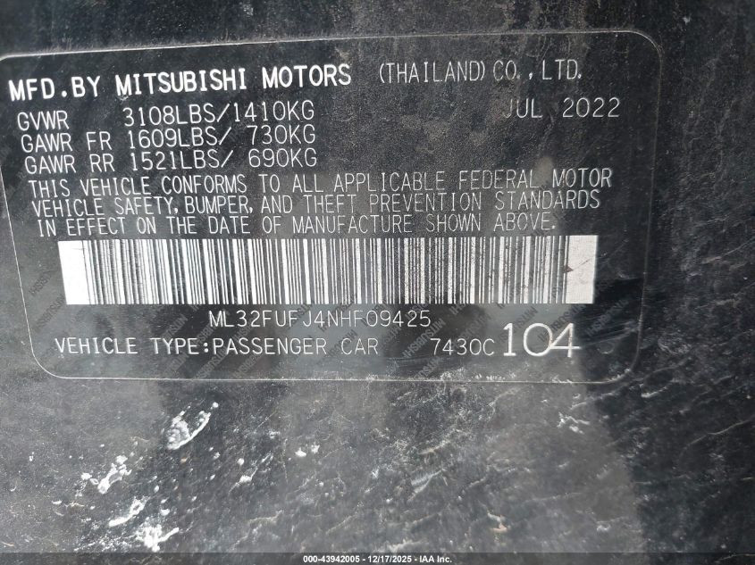 2022 Mitsubishi Mirage G4 Black Edition/Es/Le VIN: ML32FUFJ4NHF09425 Lot: 43942005