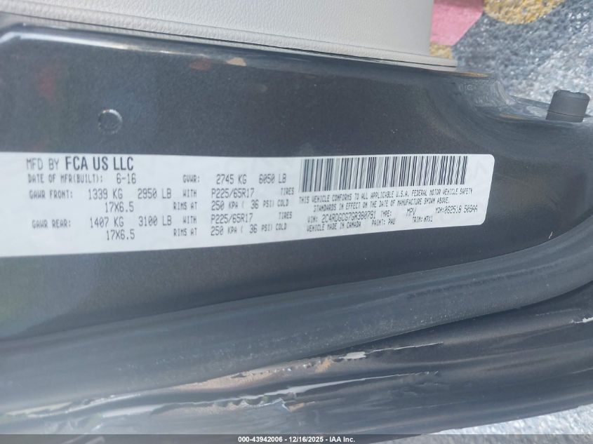 2016 Dodge Grand Caravan Sxt VIN: 2C4RDGCG7GR380791 Lot: 43942006