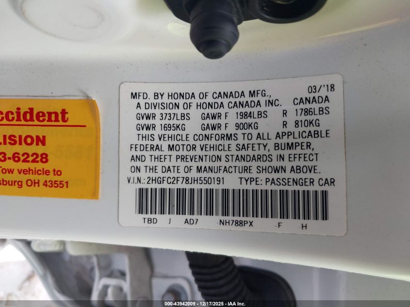 2018 Honda Civic Ex VIN: 2HGFC2F78JH550191 Lot: 43942009