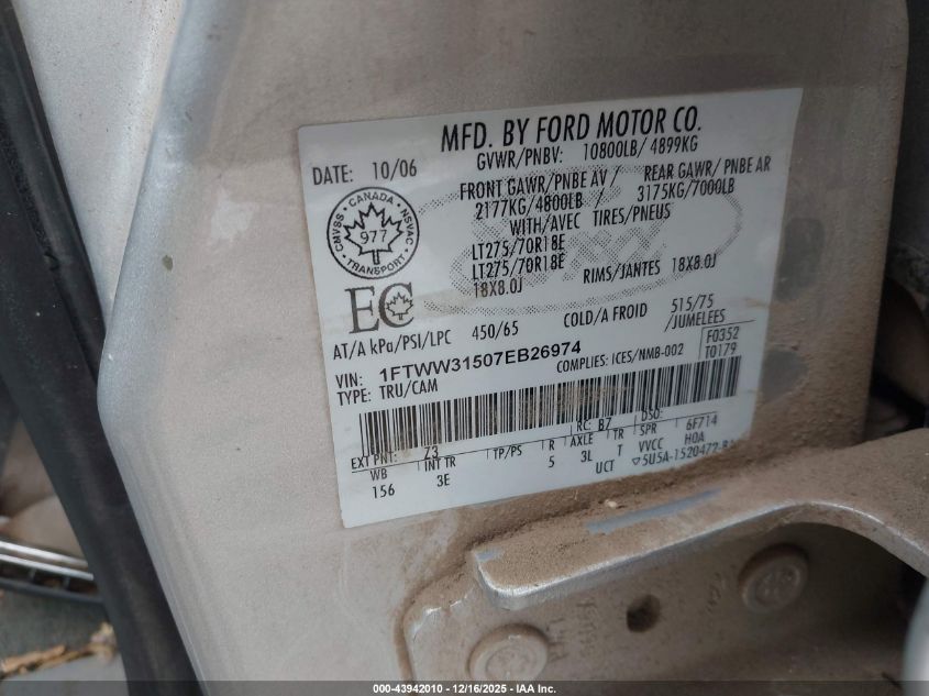 2007 Ford F350 Srw Super Duty VIN: 1FTWW31507EB26974 Lot: 43942010