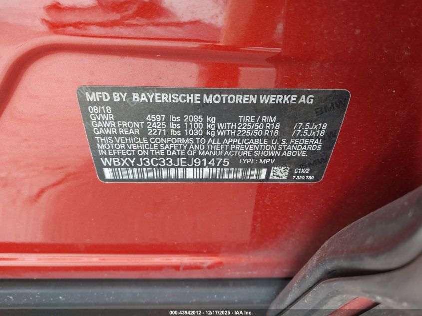 2018 BMW X2 Sdrive28I VIN: WBXYJ3C33JEJ91475 Lot: 43942012