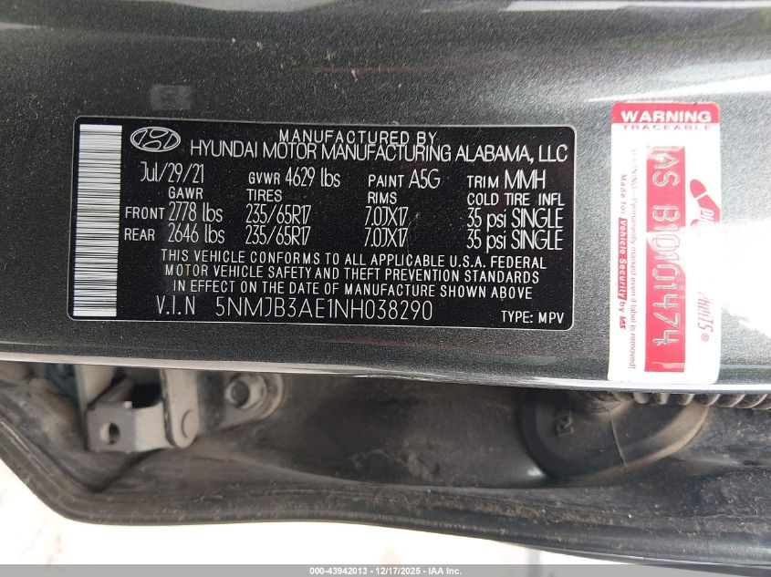 2022 Hyundai Tucson Sel VIN: 5NMJB3AE1NH038290 Lot: 43942013