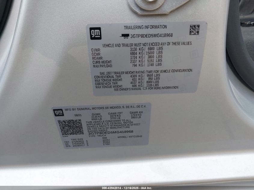 2021 GMC Sierra 1500 2Wd Short Box Slt VIN: 3GTP8DED5MG418968 Lot: 43942014