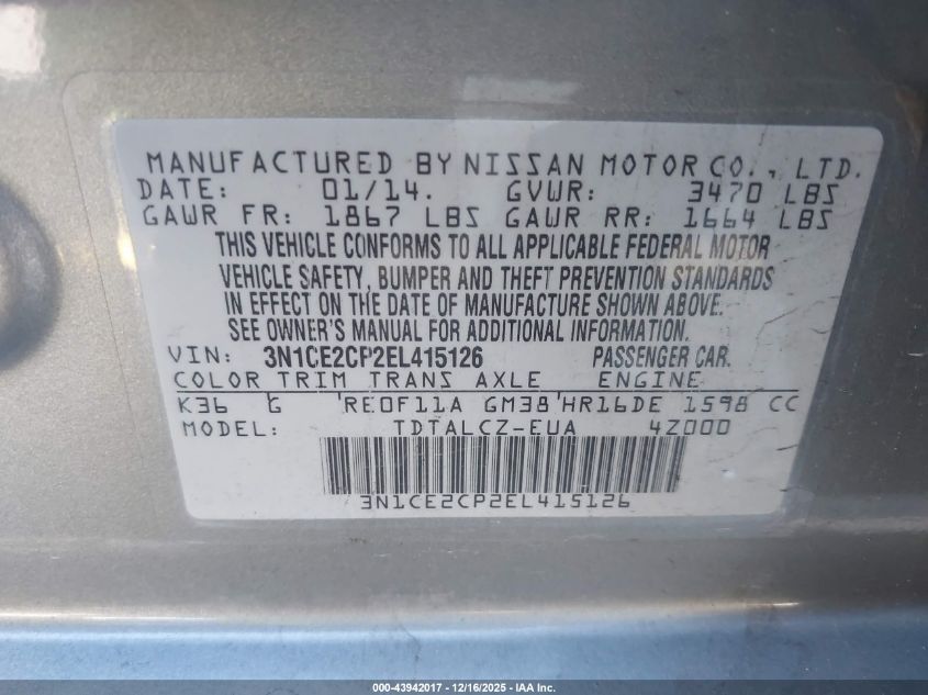 2014 Nissan Versa Note S Plus VIN: 3N1CE2CP2EL415126 Lot: 43942017