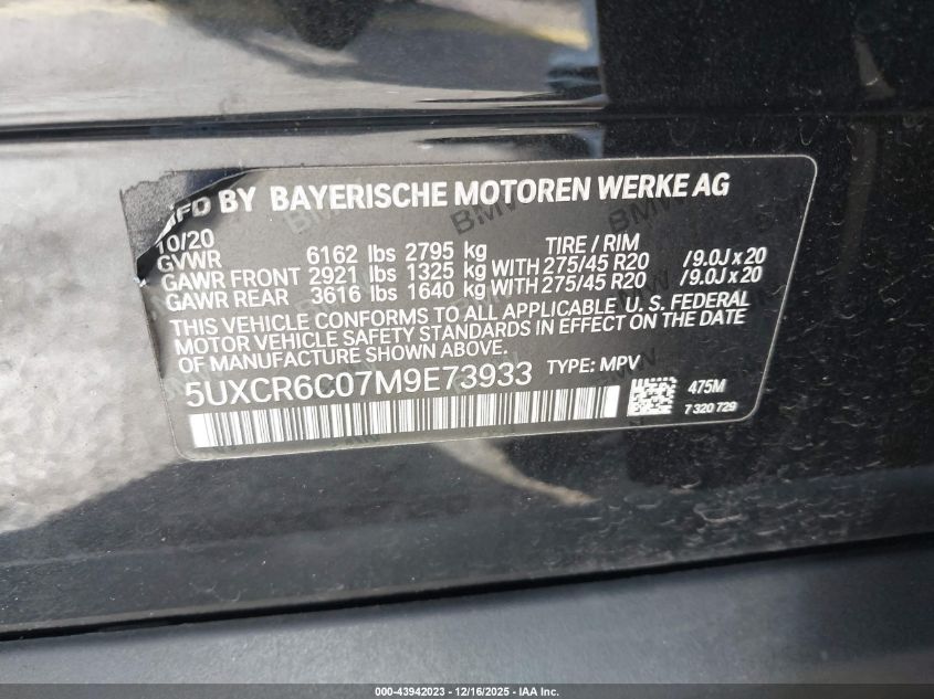 2021 BMW X5 xDrive40I VIN: 5UXCR6C07M9E73933 Lot: 43942023