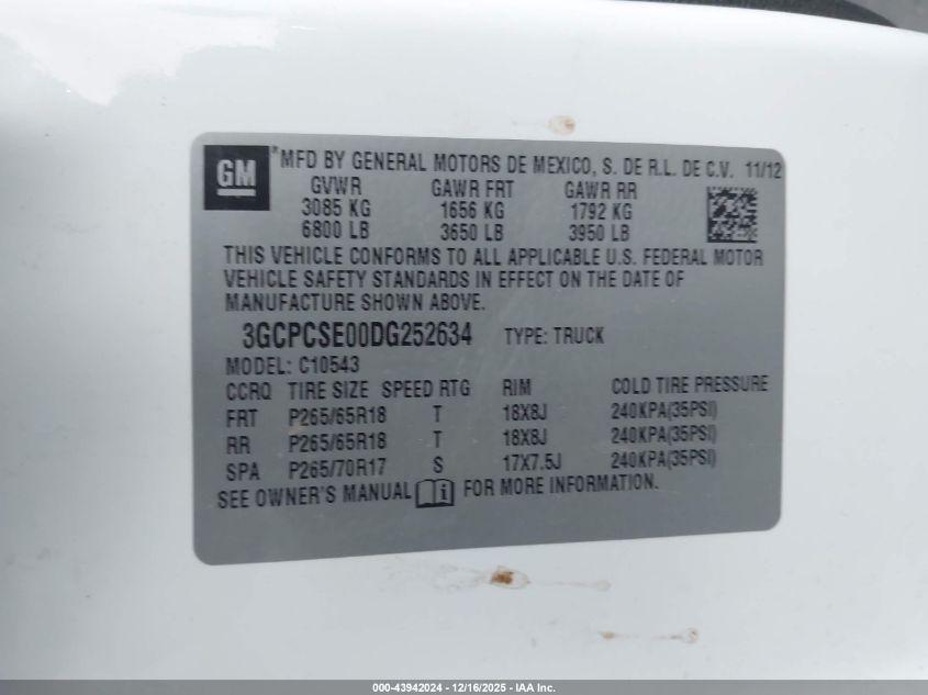 2013 Chevrolet Silverado 1500 Lt VIN: 3GCPCSE00DG252634 Lot: 43942024