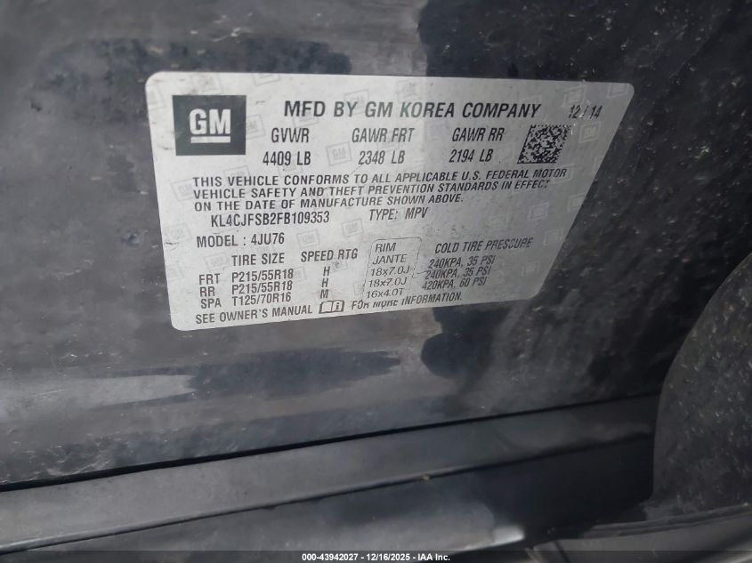 2015 Buick Encore Convenience VIN: KL4CJFSB2FB109353 Lot: 43942027