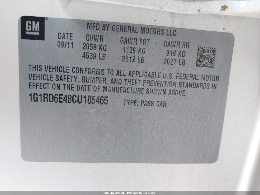 2012 Chevrolet Volt VIN: 1G1RD6E48CU105465 Lot: 43942028