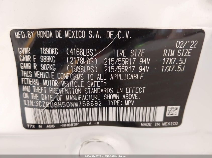 2022 Honda Hr-V Awd Ex VIN: 3CZRU6H50NM758692 Lot: 43942029