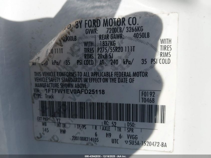 2010 Ford F-150 Fx4/Harley-Davidson/King Ranch/Lariat/Platinum/Xl/Xlt VIN: 1FTFW1EV0AFD25118 Lot: 43942030