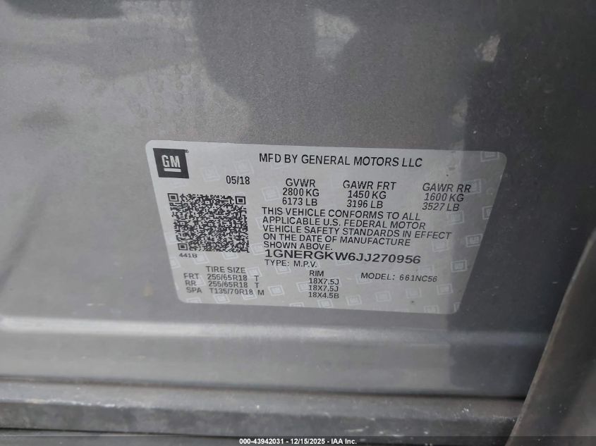 2018 Chevrolet Traverse 1Lt VIN: 1GNERGKW6JJ270956 Lot: 43942031