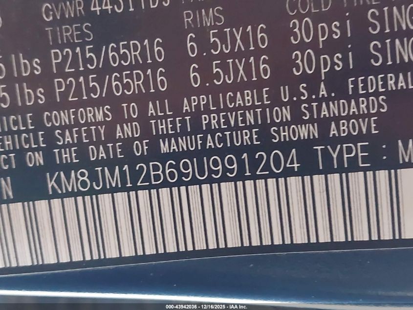 2009 Hyundai Tucson Gls VIN: KM8JM12B69U991204 Lot: 43942036