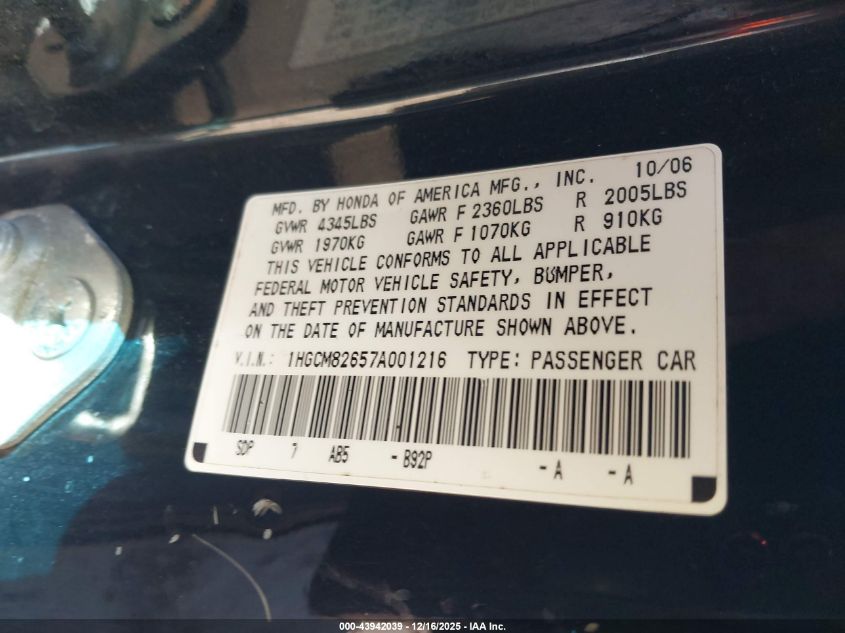 2007 Honda Accord 3.0 Ex VIN: 1HGCM82657A001216 Lot: 43942039
