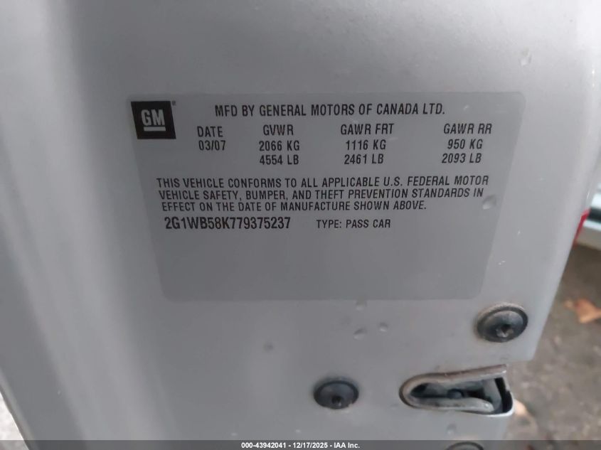 2007 Chevrolet Impala Ls VIN: 2G1WB58K779375237 Lot: 43942041