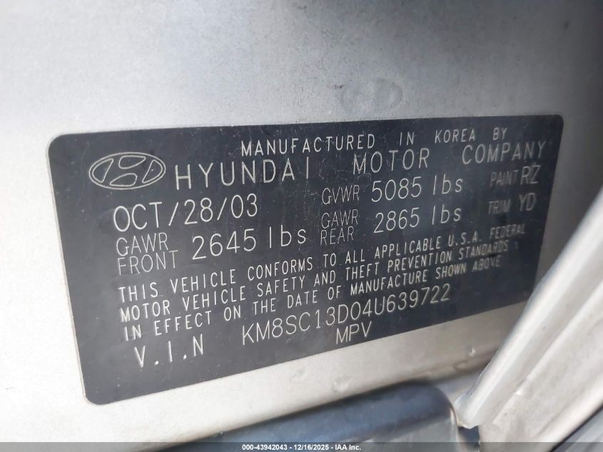 2004 Hyundai Santa Fe Gls VIN: KM8SC13D04U639722 Lot: 43942043