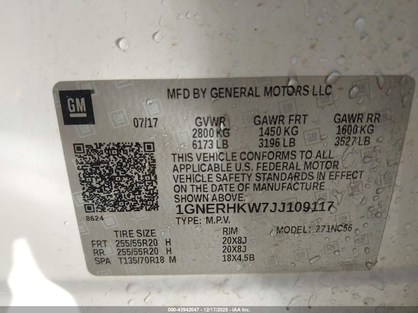 2018 Chevrolet Traverse 3Lt VIN: 1GNERHKW7JJ109117 Lot: 43942047