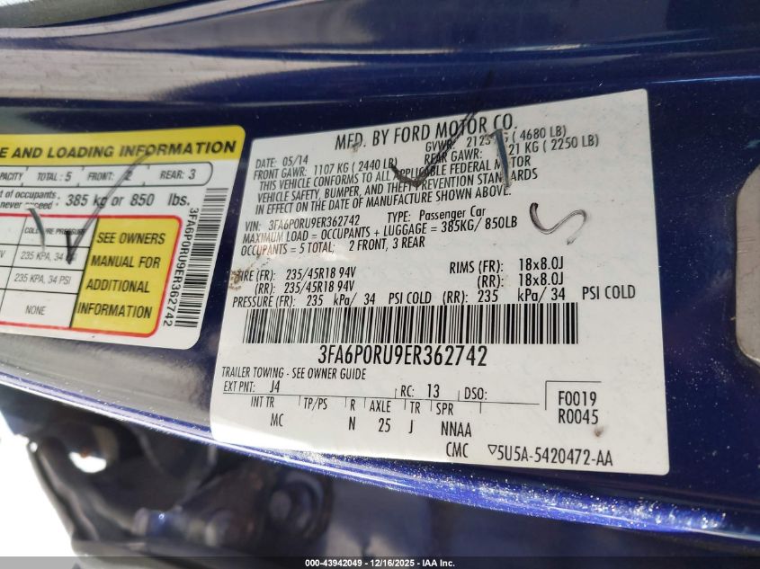 2014 Ford Fusion Hybrid Titanium VIN: 3FA6P0RU9ER362742 Lot: 43942049