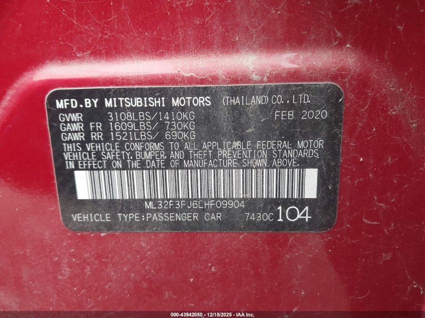 2020 Mitsubishi Mirage G4 Es VIN: ML32F3FJ6LHF09904 Lot: 43942050