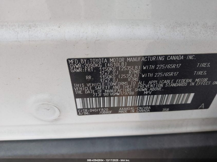 2021 Toyota Rav4 Le VIN: 2T3F1RFV6MW179788 Lot: 43942054