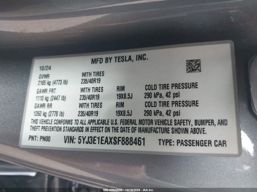 2025 Tesla Model 3 Long Range Rear-Wheel Drive/Standard Rear-Wheel Drive VIN: 5YJ3E1EAXSF888461 Lot: 43942056