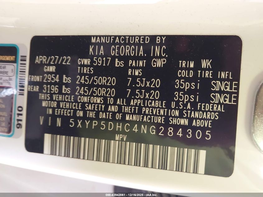 2022 Kia Telluride Sx VIN: 5XYP5DHC4NG284305 Lot: 43942061