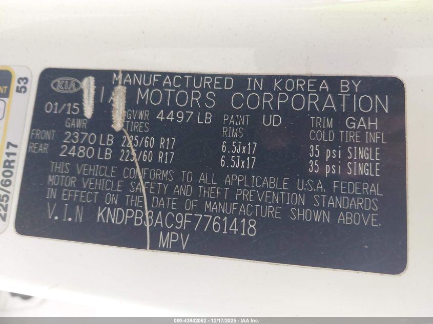 2015 Kia Sportage Lx VIN: KNDPB3AC9F7761418 Lot: 43942062