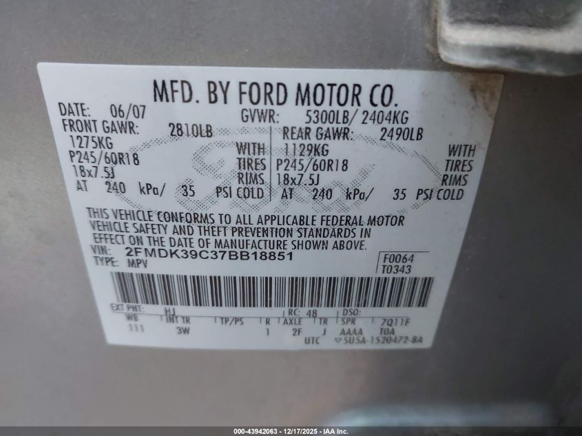 2007 Ford Edge Sel Plus VIN: 2FMDK39C37BB18851 Lot: 43942063