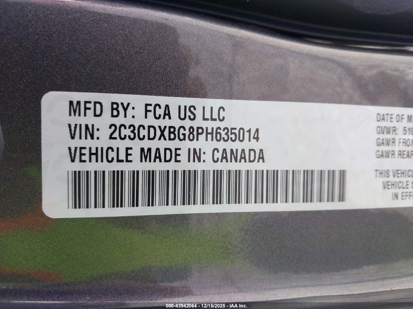 2023 Dodge Charger Sxt VIN: 2C3CDXBG8PH635014 Lot: 43942064