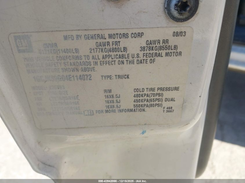 2004 Chevrolet Silverado 3500 Ls VIN: 1GCJK39G04E114072 Lot: 43942066