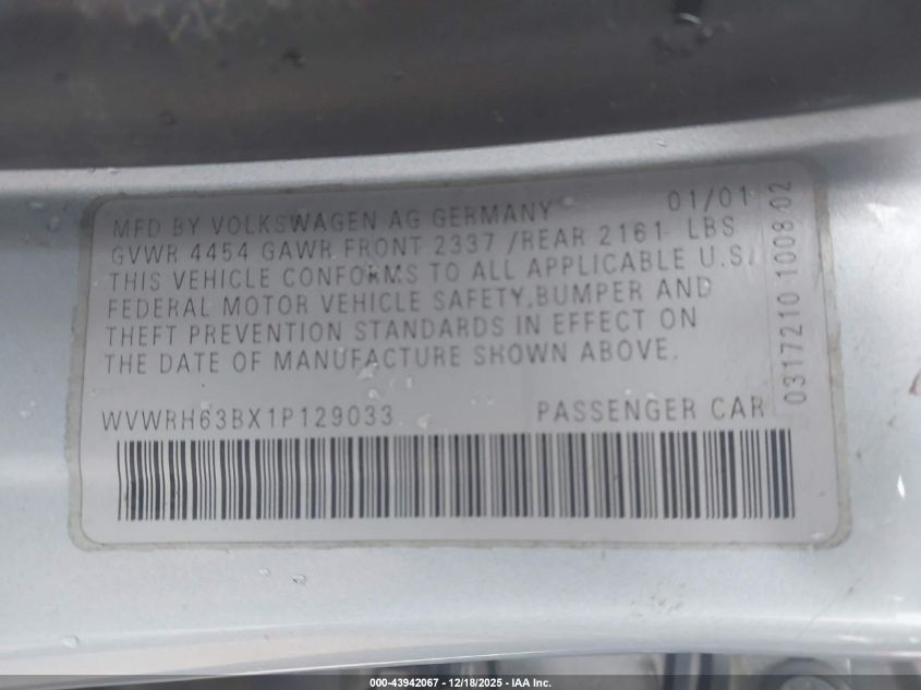 2001 Volkswagen Passat Glx VIN: WVWRH63BX1P129033 Lot: 43942067