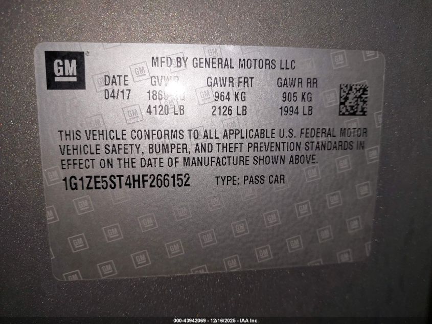 2017 Chevrolet Malibu 1Lt VIN: 1G1ZE5ST4HF266152 Lot: 43942069