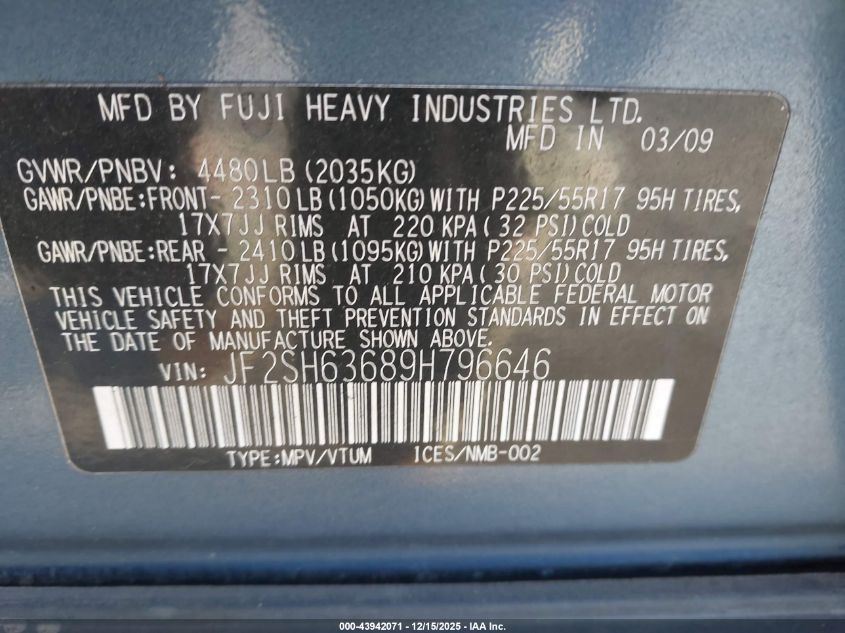 2009 Subaru Forester 2.5X VIN: JF2SH63689H796646 Lot: 43942071