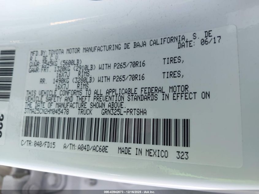 2017 Toyota Tacoma Trd Off Road VIN: 3TMAZ5CN2HM045478 Lot: 43942073