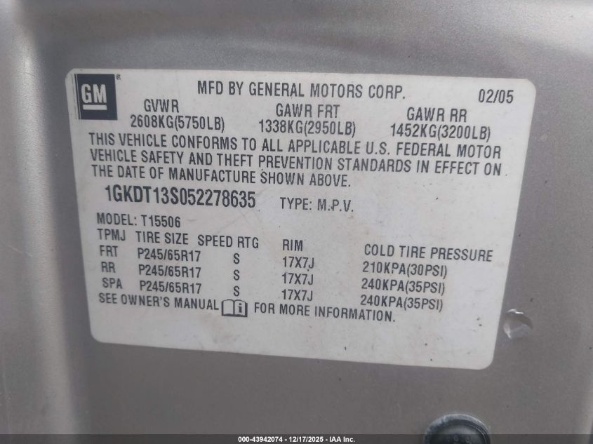 2005 GMC Envoy Sle VIN: 1GKDT13S052278635 Lot: 43942074